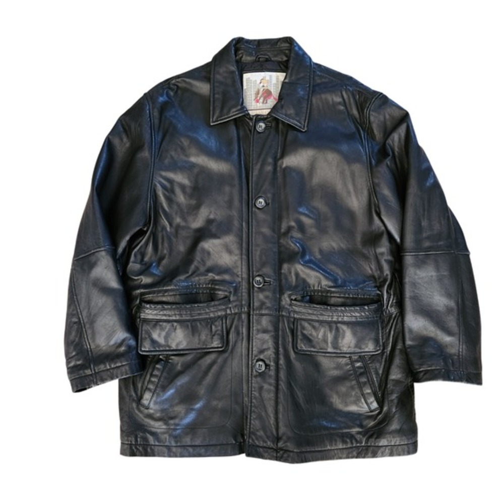 VTG Urban Cowboy Leather Jacket Men's Large Black Long Heavy Coat‎ Pockets